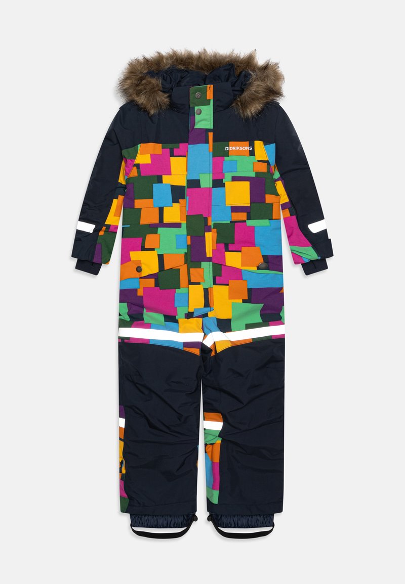 Barevný zateplený snowsuit se směsí čtverců v zelené, modré, fialové, žluté a oranžové, s kapucí podšitou uměleckým kožíškem a reflexními prvky.