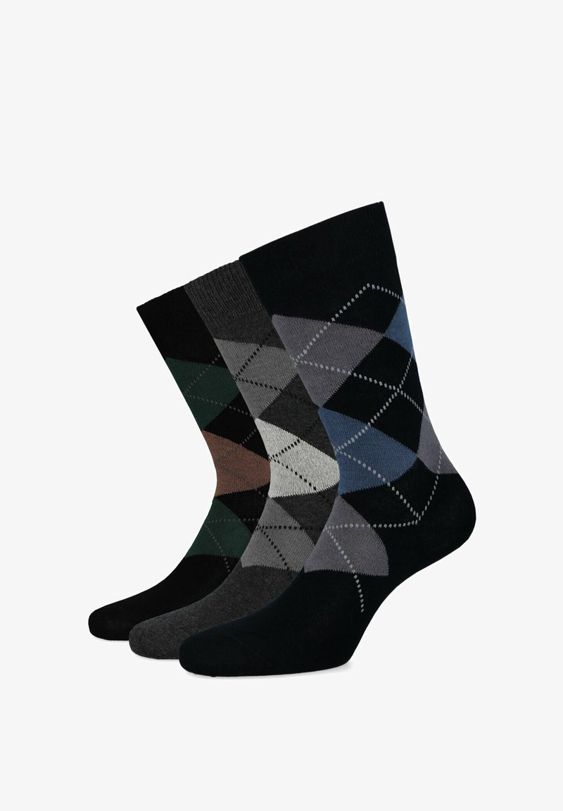 Trzy pary skarpetek z wzorem w diamenty. Kolory obejmują czerń, ciemną zieleń, szarość, brąz i niebieski. Wykonane z miękkiej, teksturowanej tkaniny.
