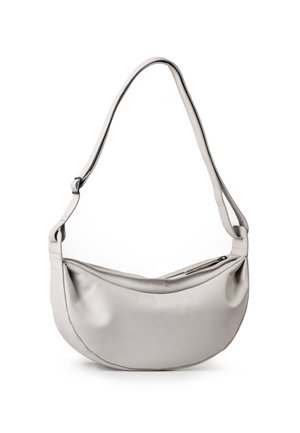 Borsa a spalla in pelle di colore grigio chiaro, con forma curvata, ampia tasca principale e tracolla regolabile. Dotata di chiusura con zip.
