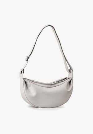 Leather shoulder bag in light grey, featuring a curved shape, spacious main compartment, and adjustable strap. Includes a zipper closure.