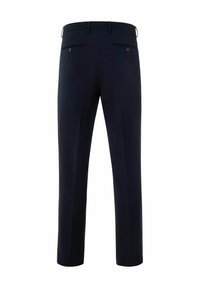 Donkerblauwe broek met een rechte snit, een gladde textuur, twee achterzakken met knoopaccenten en riemlussen in de taille.