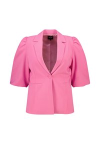 Roze blazer met korte pofmouwen, gelapte revers, een enkele knoopsluiting en twee voorkleurige zakken. Glad, lichtgewicht stof.