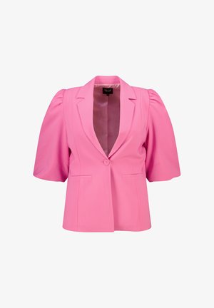 Roze blazer met korte pofmouwen, gelapte revers, een enkele knoopsluiting en twee voorkleurige zakken. Glad, lichtgewicht stof.