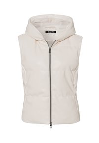 Mouwloos lichtbeige vest met capuchon, voorzien van een ritssluiting aan de voorkant en zijzakken. Gemaakt van glad, gewatteerd materiaal. Eenvoudig ontwerp.