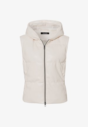 Ärmellose, hellbeige Weste mit Kapuze, vorne mit Reißverschluss und seitlichen Taschen. Hergestellt aus glattem, gesteppem Material. Einfaches Design.