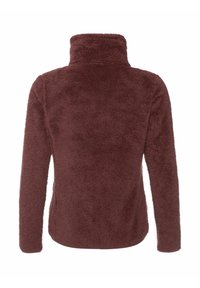 Veste en polaire marron à manches longues avec col montant, vue de dos, tissu doux et texturé pour la chaleur et le confort.