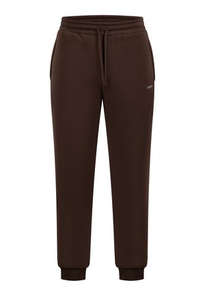 Bruine joggingbroek van zachte stof, met een elastische tailleband met trekkoord en geribbelde boorden bij de enkels.