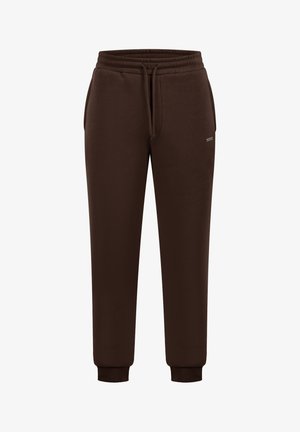 Braune Jogginghose aus weichem Stoff, mit elastischem Bund und Kordelzug sowie gerippten Bündchen an den Knöcheln.