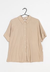 Beige short-sleeve shirt with a button-down front, classic collar, and soft fabric, featuring a relaxed fit and a straight hemline.