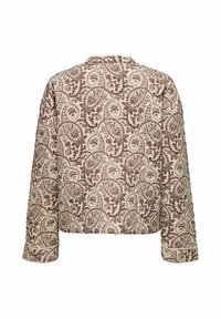 Jakna boje kreme s bordo paisley uzorkom, dugih rukava i opuštenog kroja. Tekstuirani materijal s blagim sjajem.