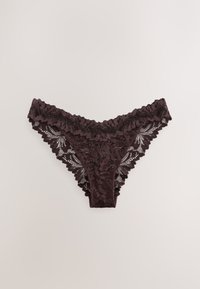 Mørkebrunt blondesæt til kvinder i bikinitrusestil med blomsterprint på en lys neutral baggrund.