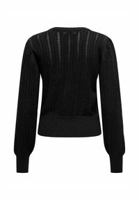 Pull noir court avec une texture en maille, doté de longues manches bouffantes et de poignets côtelés. La vue de dos révèle un motif de lignes verticales.