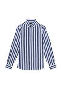 Chemise à manches longues avec des rayures verticales bleues et blanches, un col classique, une poche poitrine simple et des détails de poignet boutonné.
