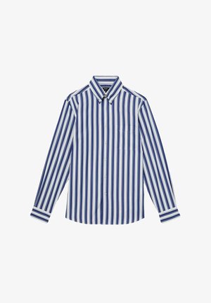 Langarm-Hemd mit knöpfbarem Kragen, das vertikale blaue und weiße Streifen aufweist, eine klassische Kragenform, eine Brusttasche und knöpfbare Manschetten.