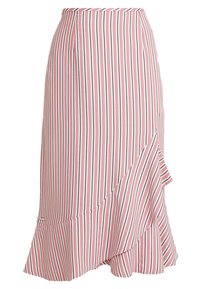 Růžová a bílá pruhovaná sukně s volánovým lemem, padnoucí střih, vyrobená z látky s hladkou strukturou. Má vertikální pruhy a jemné detaily.