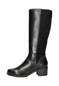 Zwarte kniehoge dameslaars met lage blokhak, lederen voorkant en suede achterpaneel.