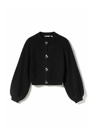 Cardigan court noir en maille douce, avec manches ballon et cinq boutons argentés brillants sur le devant. Détail de bord festonné.