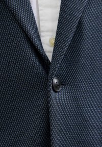 Tume sinine meeste bleiser, millel on houndstooth mustriline kujundus. Omab kärbitud krae ja ühte musta nööpi. Sile kangastekstuuri.