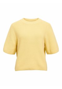 Pull court à manches courtes en tricot jaune avec un col rond côtelé et une texture côtelée, présentant une coupe décontractée et une couleur unie sur toute la surface.