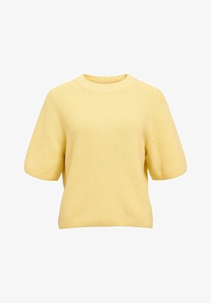 Kollane lühikeste varrukatega kootud kampsun, millel on ümar soonikuga kaelus ja soonikuline tekstuur, mugav lõige ning ühtlane värv.