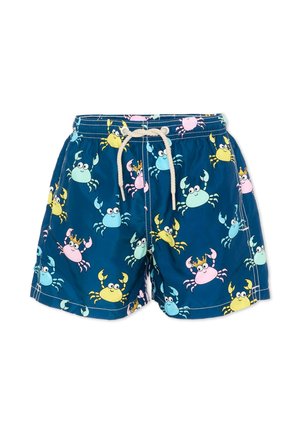 Pantaloncini da bagno per bambini blu navy con vita elastica e coulisse bianca, decorati con divertenti granchi cartoon colorati in rosa, giallo, blu e verde.