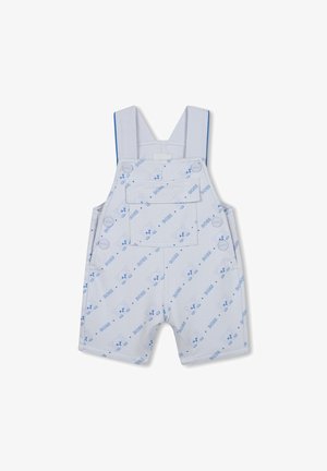 Lichtblauwe korte overalls met een subtiele print van cartoongezichten en het woord "BOSS." Voorzien van verstelbare banden en knoopsluitingen.