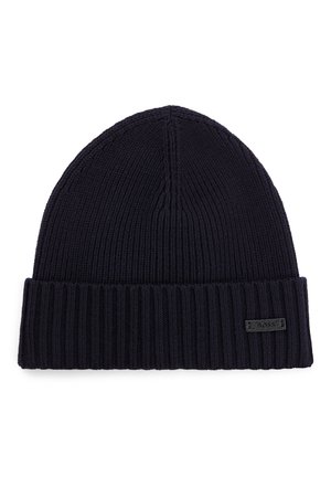 Knitted beanie in dark navy, featuring a ribbed cuff and a smooth, tapered top. Includes a small branded label on the side.