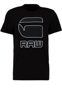 Czarny bawełniany t-shirt z dużym białym nadrukiem i napisem "RAW" poniżej. Krótkie rękawy i okrągły dekolt.