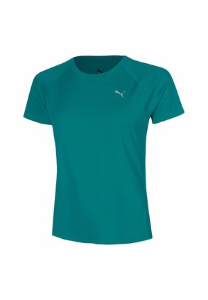 Turkooise korte mouw Puma sport T-shirt met ronde hals en klein wit Puma-logo op de linkerborst.