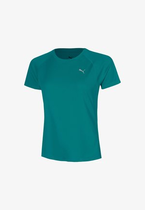 T-shirt de sport Puma manches courtes couleur sarcelle avec col rond et petit logo blanc Puma sur la poitrine gauche.