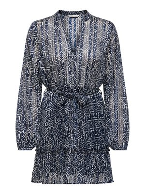 Blue and white patterned long-sleeve dress with V-neck, button front, cinched waist tie, and ruffled hem.