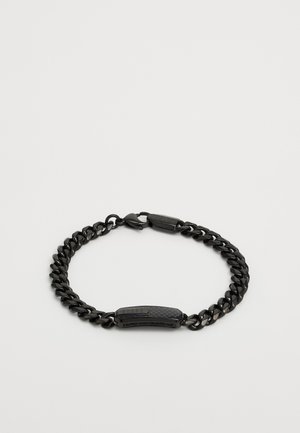 Pulseira de corrente preta com elos polidos, um destaque central texturizado e fecho tipo lagosta. Feita em metal com um acabamento suave.