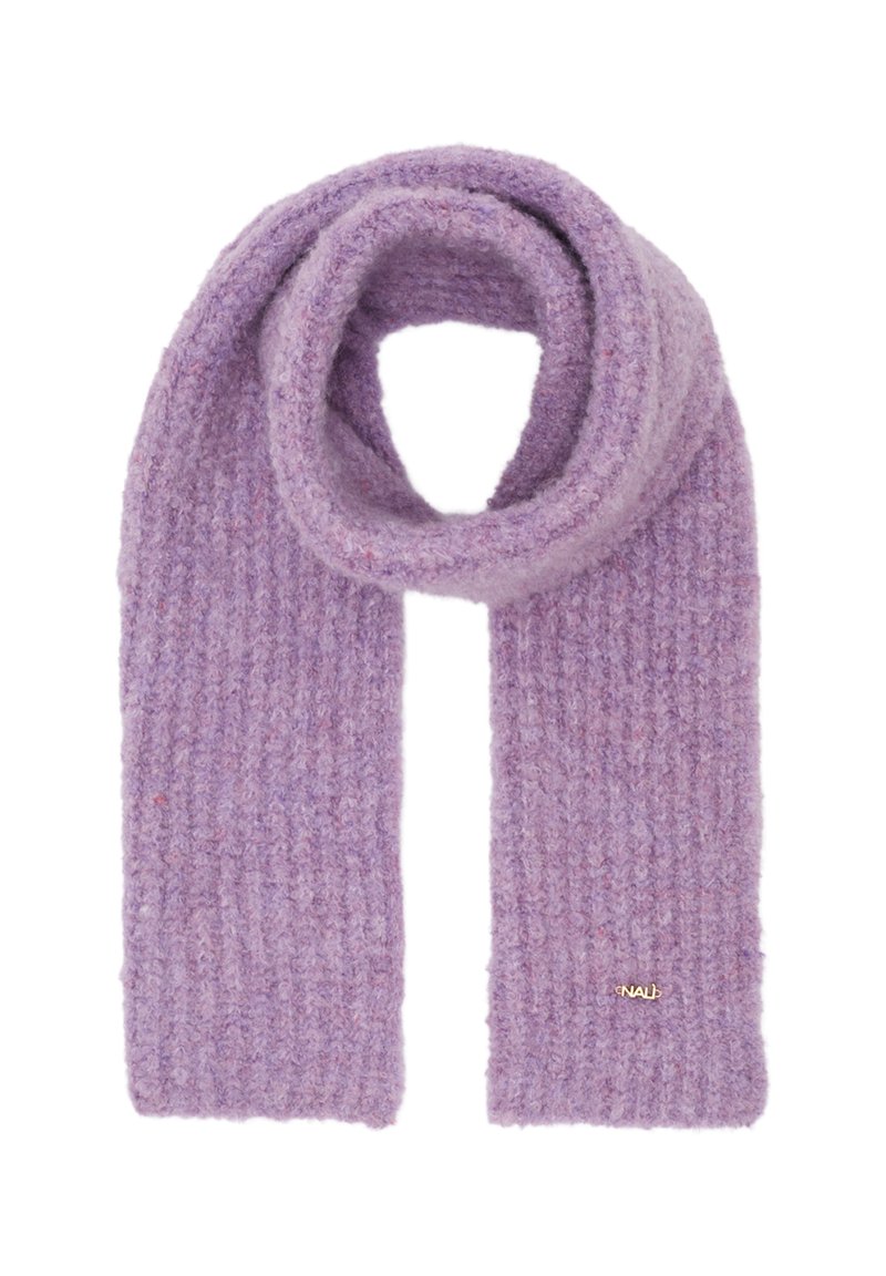Sciarpa ribbed lavanda realizzata in morbido materiale testurizzato; presenta un piccolo accento con logo dorato.