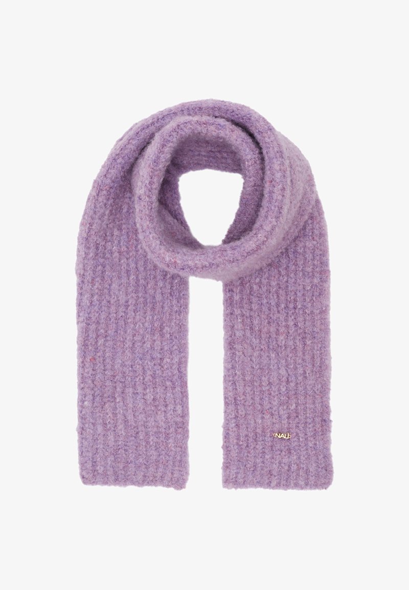 Sciarpa ribbed lavanda realizzata in morbido materiale testurizzato; presenta un piccolo accento con logo dorato.