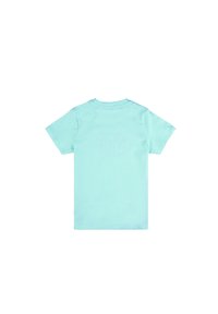 T-shirt blu chiaro a maniche corte realizzato in morbido tessuto di cotone. Presenta un colletto tondo e un retro semplice senza grafiche o decorazioni.