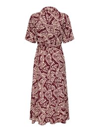 Robe midi à manches courtes avec motif abstrait de feuilles bordeaux et beige, avec col et ceinture cintrée à la taille.
