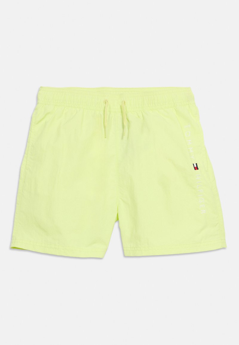 Φωτεινά κίτρινα μαγιό σορτς με ελαστική μέση και κορδόνι, με κάθετο λογότυπο και σημαία Tommy Hilfiger στο δεξί πόδι.