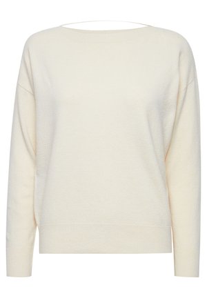 Crème-kleurige trui van zacht breiwerk. Heeft een wijde halslijn, verlaagde schouders en geribde manchetten en zoom.