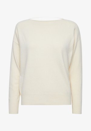 Crème-kleurige trui van zacht breiwerk. Heeft een wijde halslijn, verlaagde schouders en geribde manchetten en zoom.