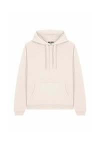 Felpa leggera color beige chiaro realizzata in tessuto morbido, con cappuccio regolabile, tasca frontale a canguro e polsini e orlo a costine. Senza motivi né grafiche.