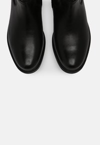 Svarta läderankelstövlar med en elegant, spetsig tådesign och slät yta, som har en subtil glans och inga synliga detaljer eller accenter.