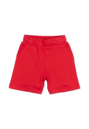 Pantaloncini casual rossi con elastico in vita e tasche laterali, realizzati in tessuto morbido, distesi su sfondo bianco.