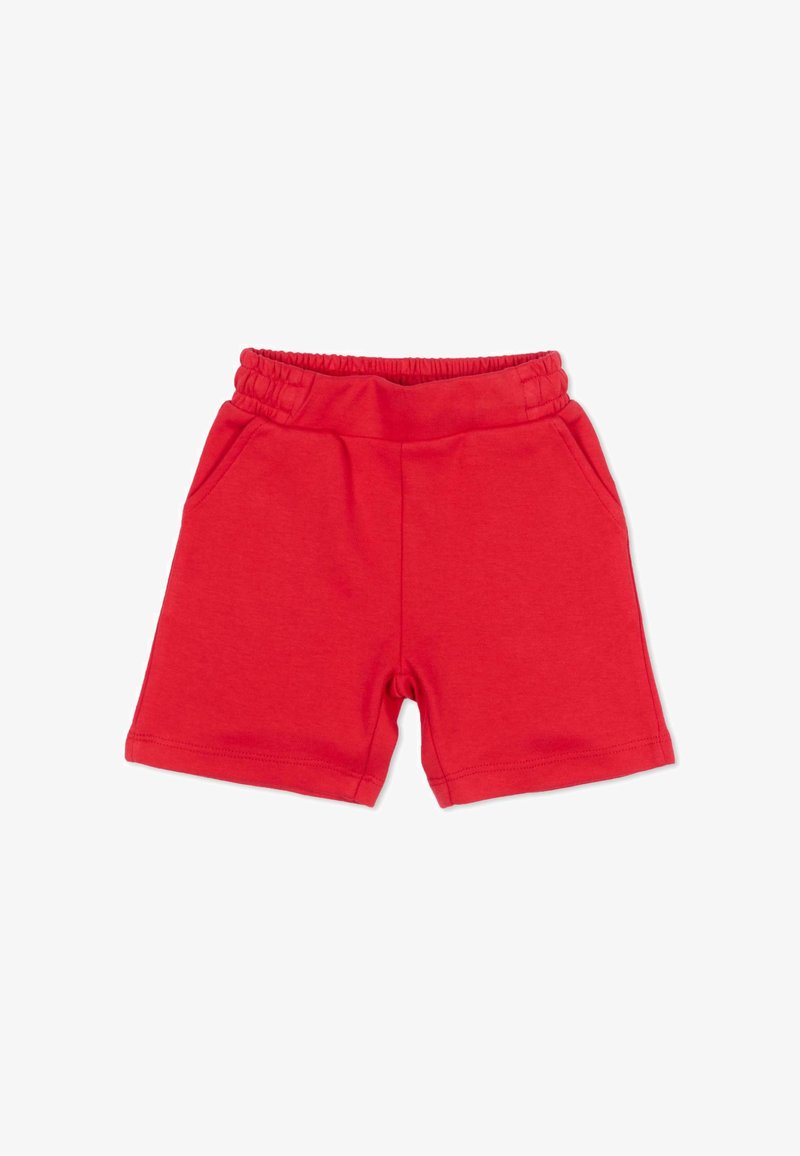 Shorts rouges décontractés avec ceinture élastique et poches latérales, en tissu doux, posés à plat sur un fond blanc.