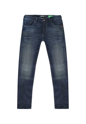 Donkerblauwe denim jeans met een slim fit, voorzien van vijf zakken, een knoop- en ritssluiting, en subtiele vervagingdetails aan de voorkant.