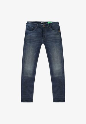 Donkerblauwe denim jeans met een slim fit, voorzien van vijf zakken, een knoop- en ritssluiting, en subtiele vervagingdetails aan de voorkant.