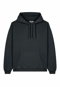 Felpa nera in tessuto morbido con tasca frontale, cappuccio regolabile con lacci e polsini e orlo a coste. Design semplice e rilassato.
