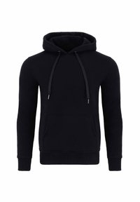 Czarna bluza z kapturem wykonana z miękkiego materiału. Posiada kieszeń na przodzie, kaptur ze sznurkiem oraz ściągacze przy mankietach i u dołu. Prosty design.