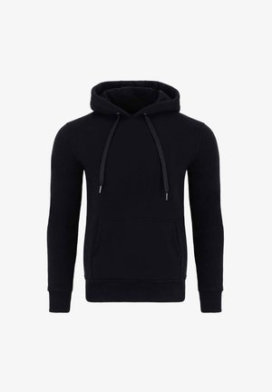 Black hooded sweatshirt made of soft fabric. Features a front pouch pocket, drawstring hood, and ribbed cuffs and hem. Simple design.