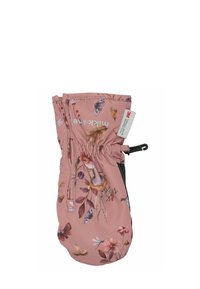Roze rukavice s cvjetnim uzorkom, napravljene od teksturirane tkanine, s elastičnim manžetama, zatvaranjem na patentni zatvarač i crnim detaljima.
