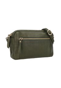 Piccola borsa in pelle verde di forma rettangolare, dotata di una tasca frontale con cerniera e una tracolla rimovibile. Gli accenti includono hardware dorato.